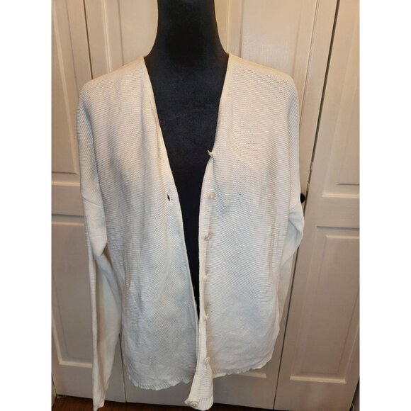 Vintage 90s White Cotton Cardigan Classic Blues L Minimalist Cottage Fairy Retro - Picture 9 of 11